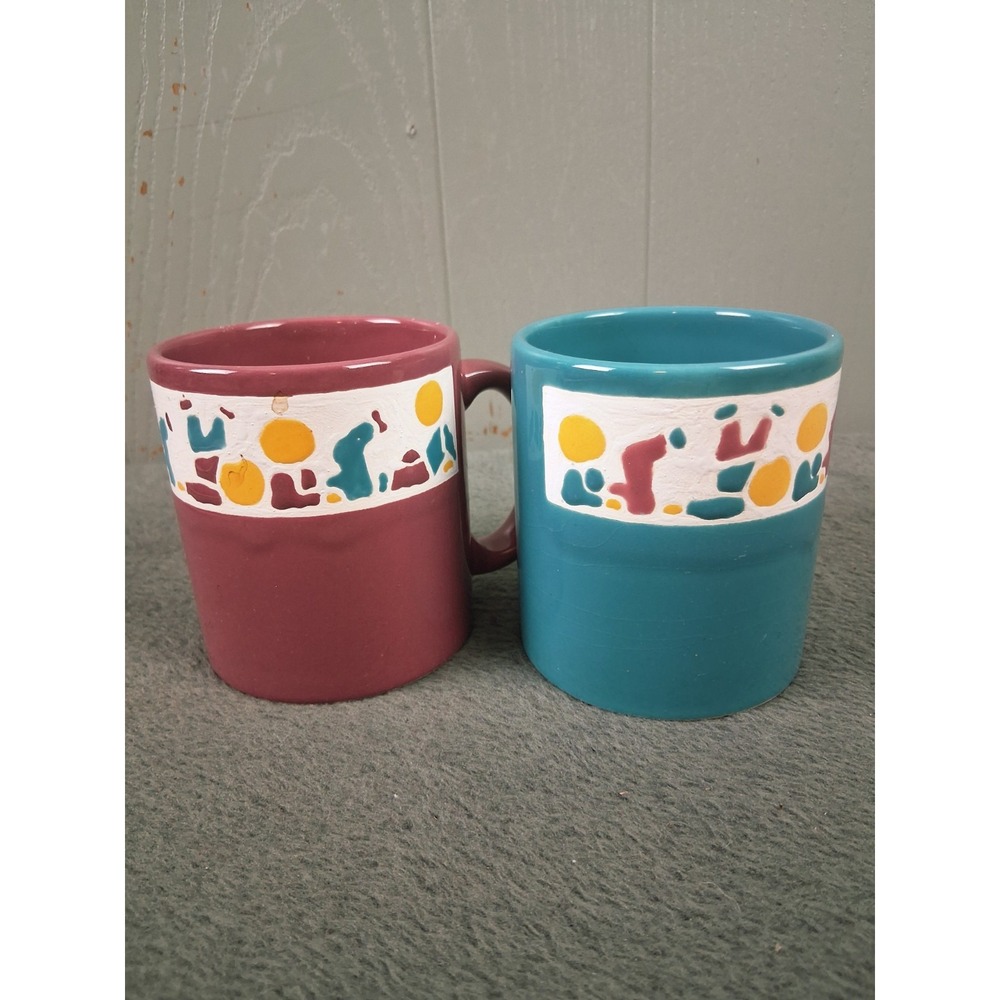 Vintage Pair‎ of Waechtersbach W. Germany Abstract Children Art Coffee Mugs 60s
